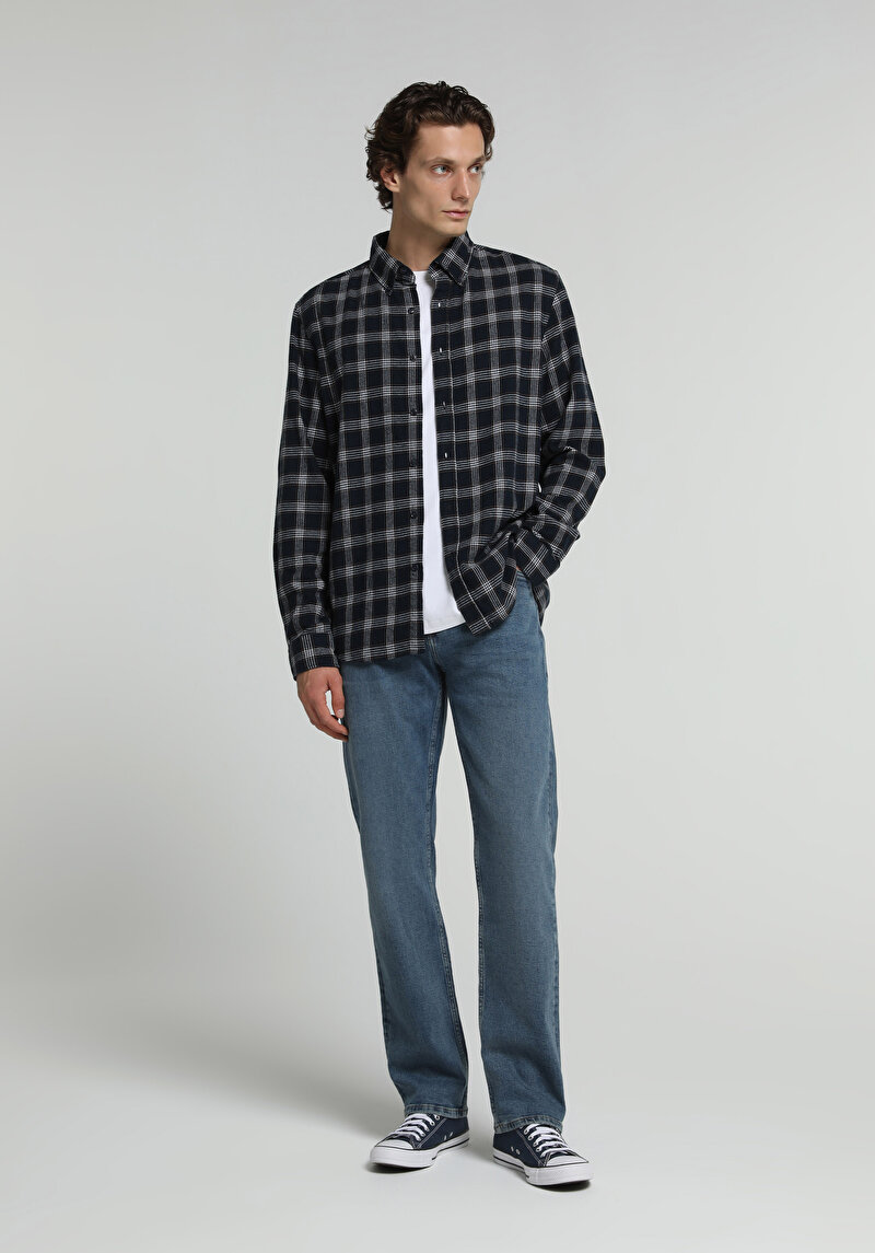 Regular Fit Shirt Neck Ekoseli Erkek Lacivert Uzun Kol Gömlek