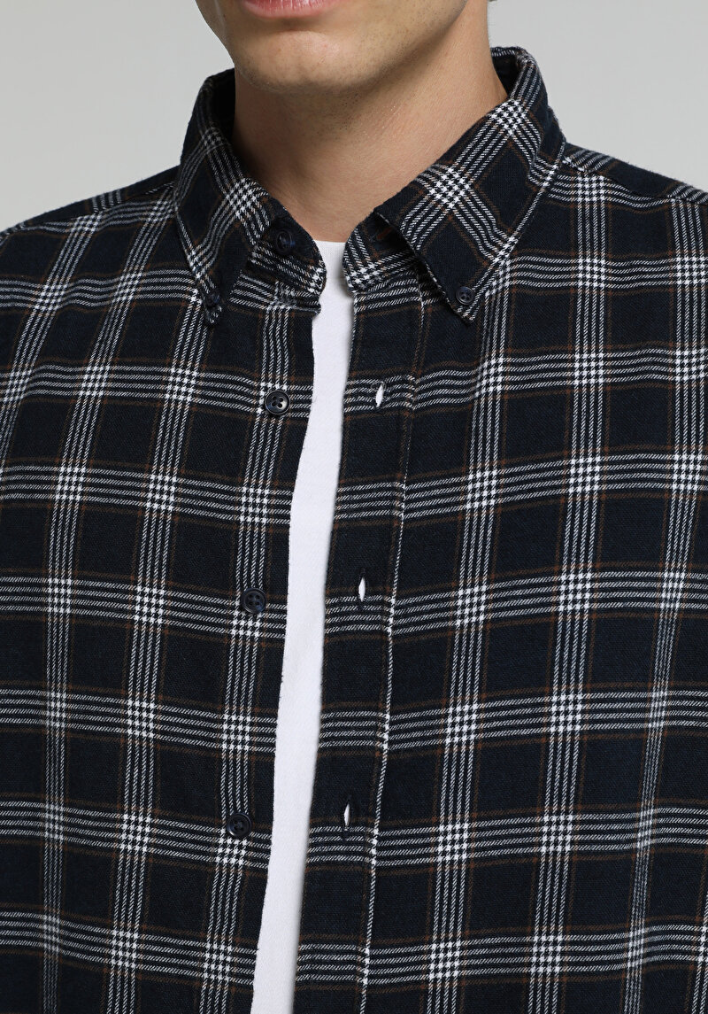 Regular Fit Shirt Neck Ekoseli Erkek Lacivert Uzun Kol Gömlek