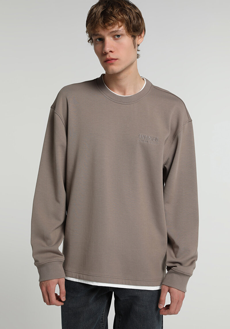 Regular Fit Yuvarlak Yaka Düz Erkek Kahverengi Sweatshirt
