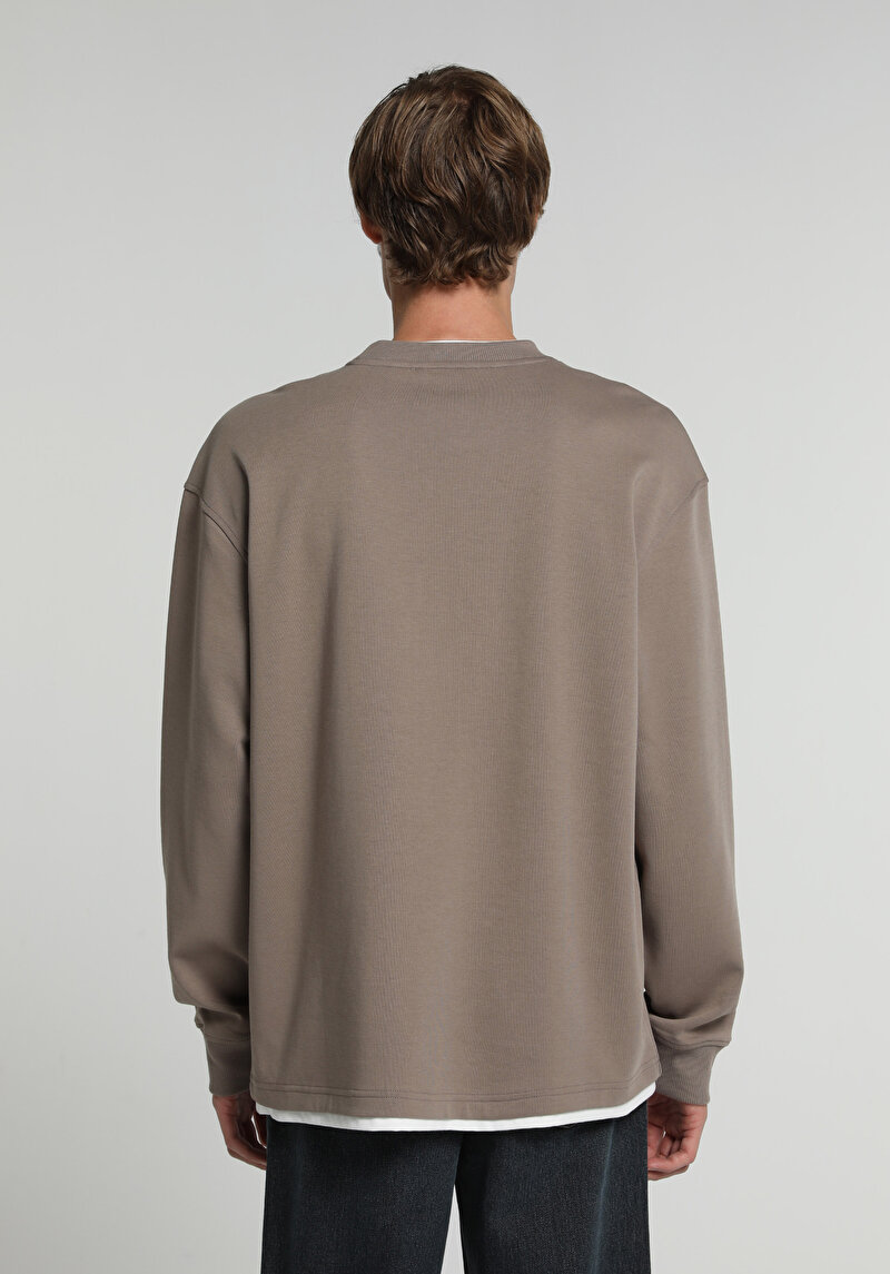 Regular Fit Yuvarlak Yaka Düz Erkek Kahverengi Sweatshirt