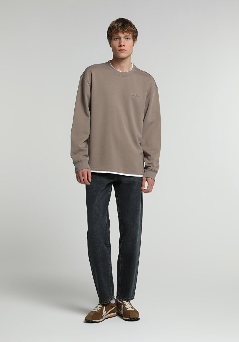 Regular Fit Yuvarlak Yaka Düz Erkek Kahverengi Sweatshirt