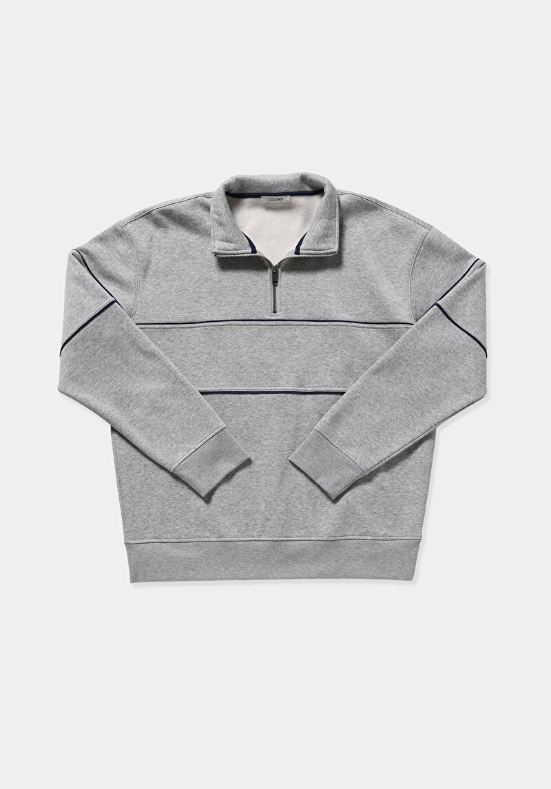 Relaxed Fit Dik Yaka Düz Erkek Gri Sweatshirt
