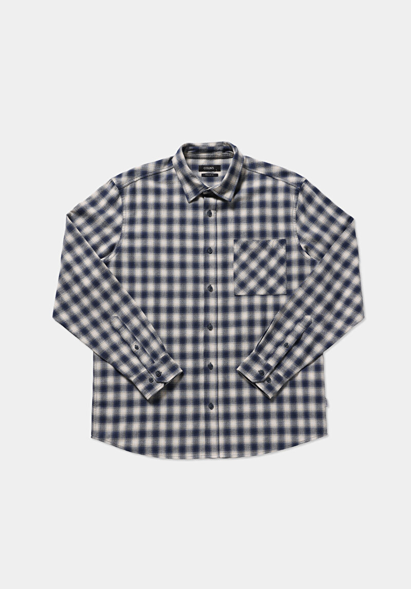 Regular Fit Shirt Neck Kareli Erkek Lacivert Uzun Kol Gömlek