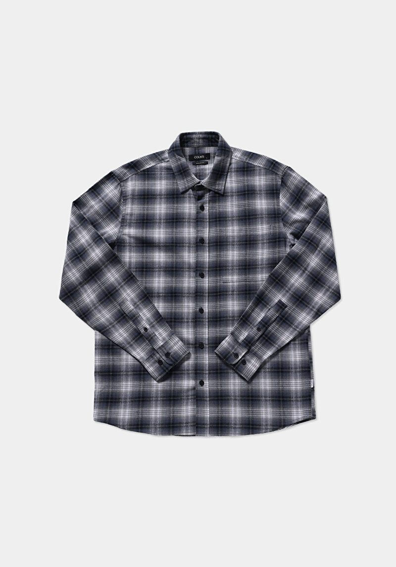 Regular Fit Shirt Neck Ekoseli Erkek Lacivert Uzun Kol Gömlek