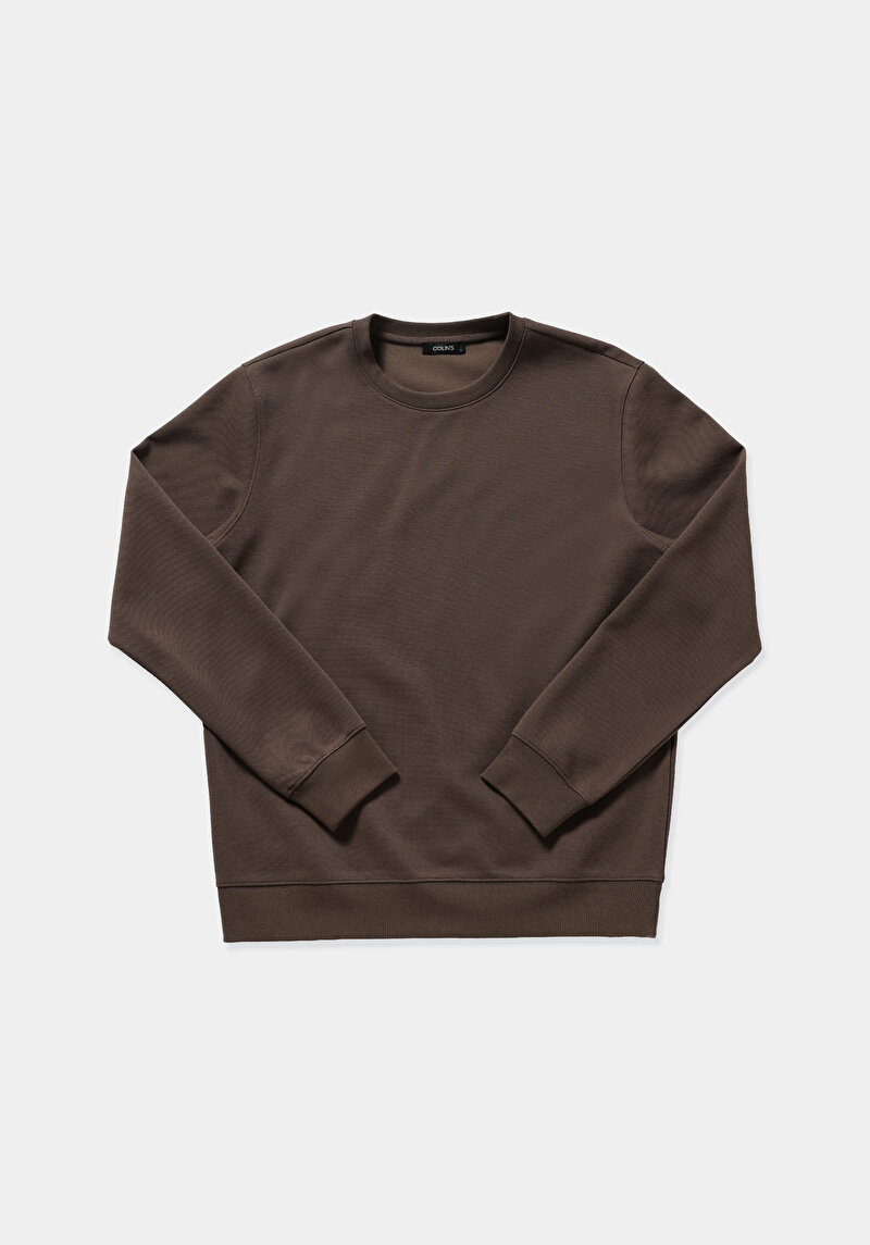 Regular Fit Yuvarlak Yaka Düz Erkek Kahverengi Sweatshirt