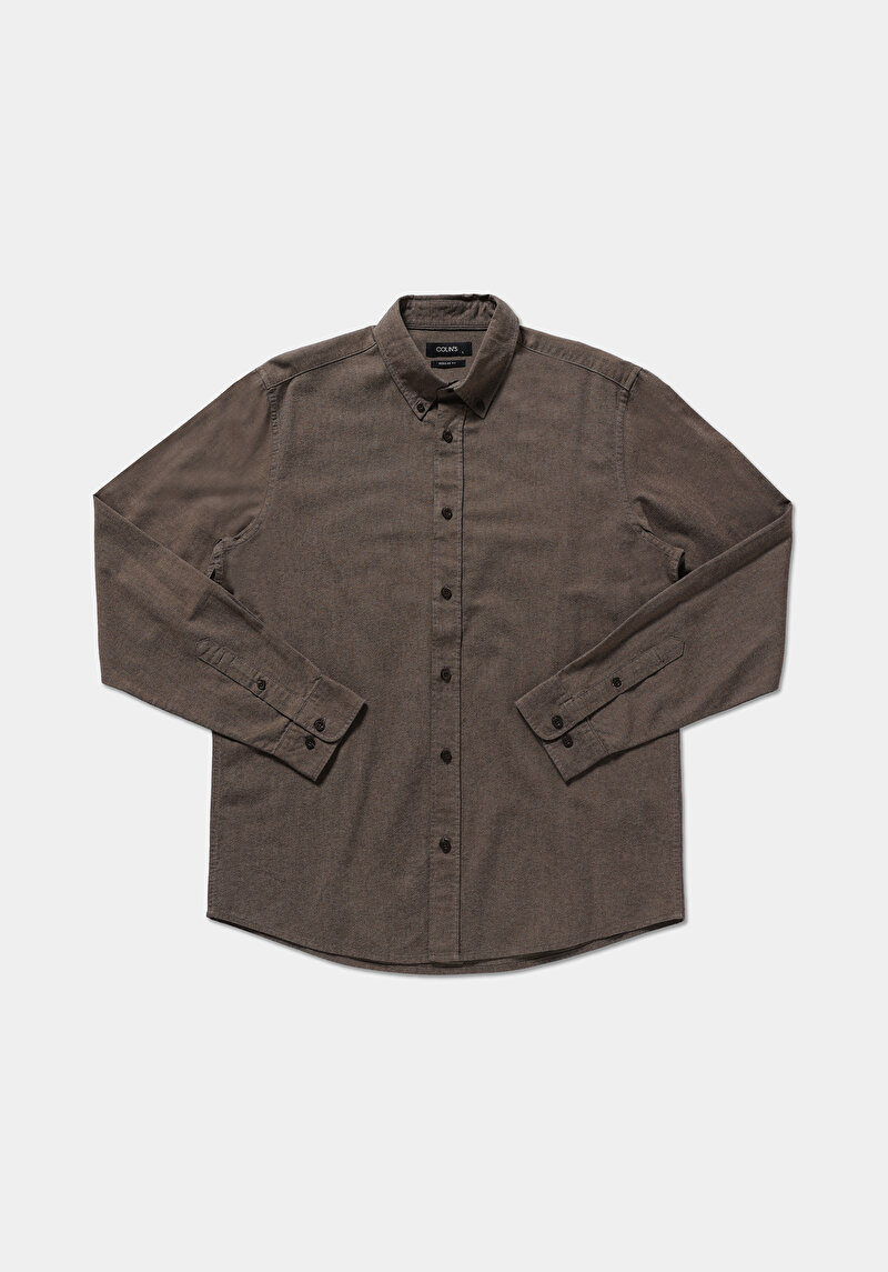 Regular Fit Shirt Neck Düz Erkek Kahverengi Uzun Kol Gömlek
