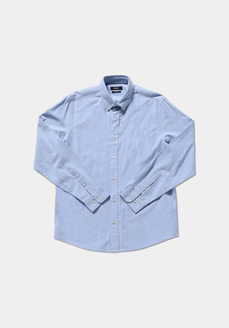 Regular Fit Shirt Neck Pamuklu Cepsiz Düz Erkek Mavi Uzun Kol Gömlek