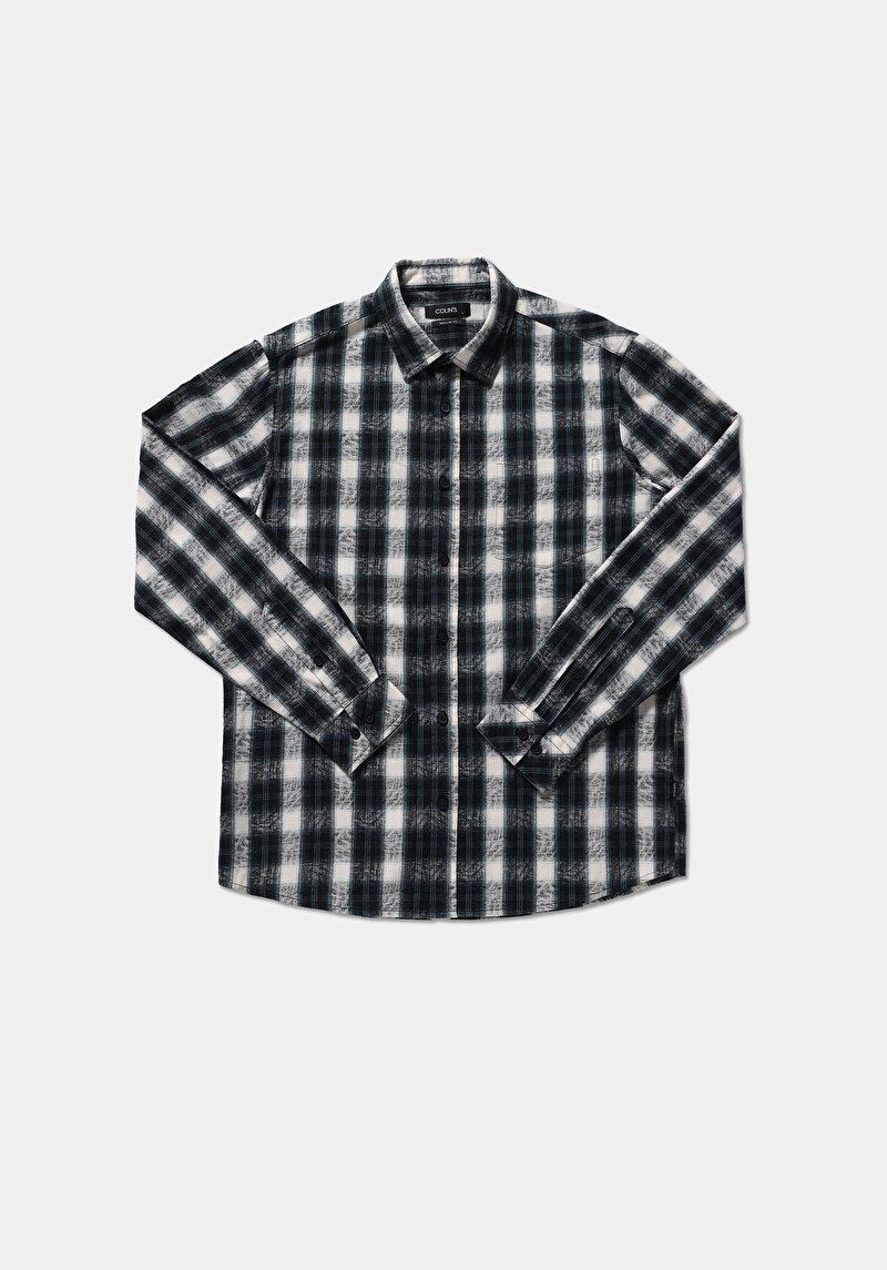 Regular Fit Shirt Neck Ekoseli Erkek Yeşil Uzun Kol Gömlek
