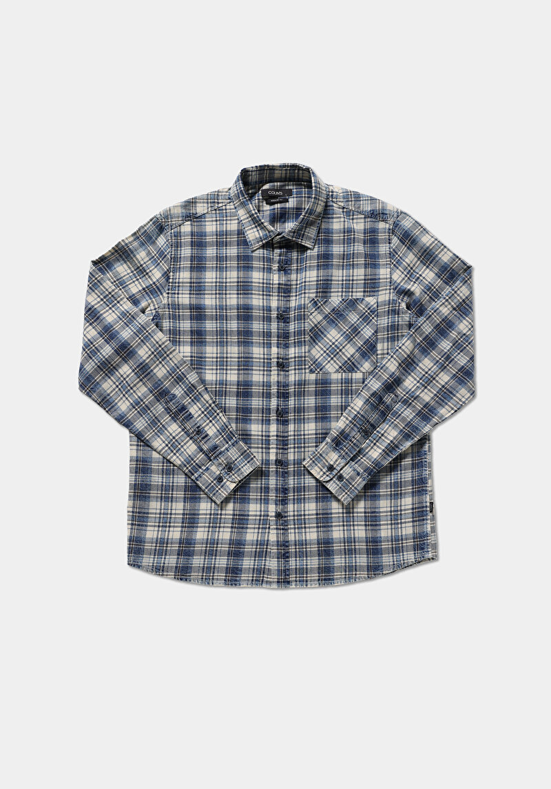Regular Fit Shirt Neck Ekoseli Erkek Mavi Uzun Kol Gömlek