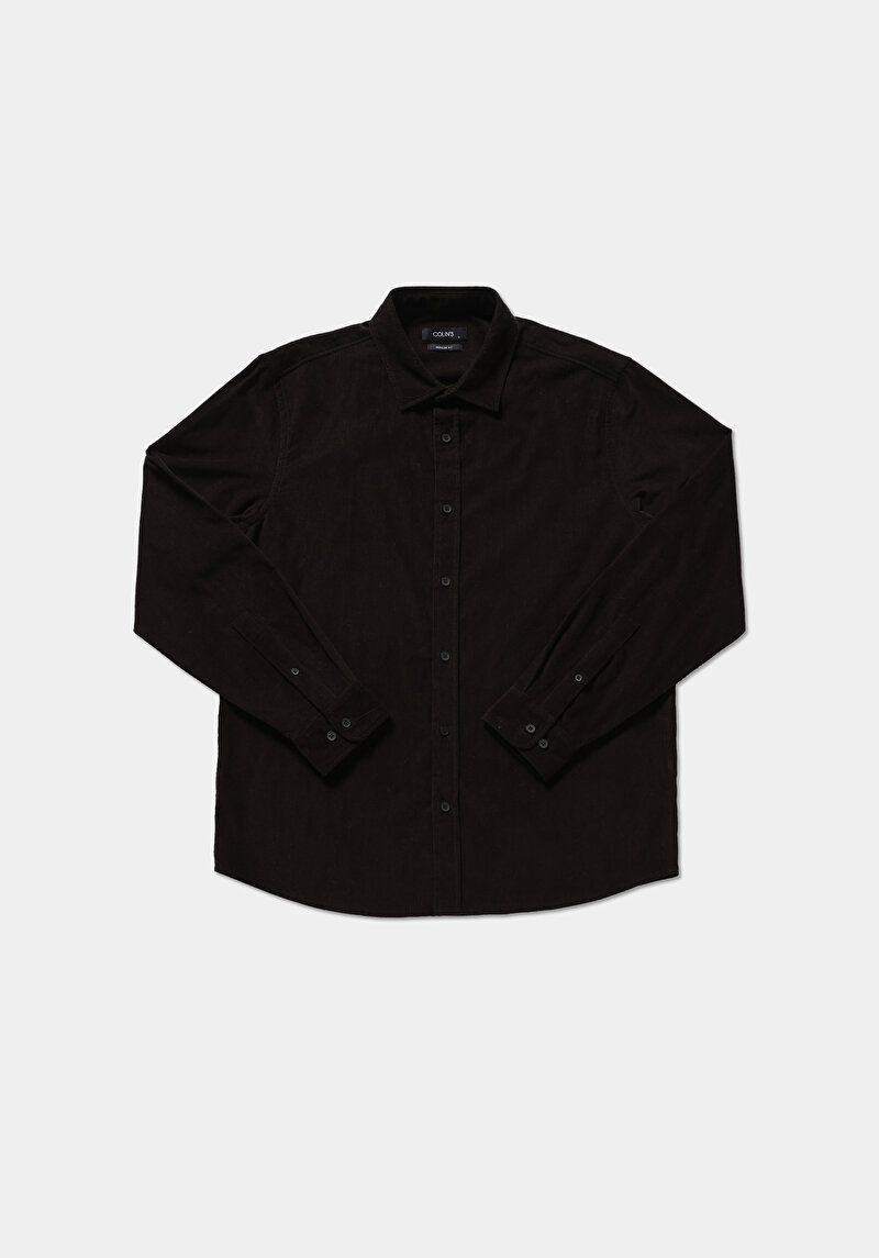 Regular Fit Shirt Neck Düz Erkek Kahverengi Uzun Kol Gömlek