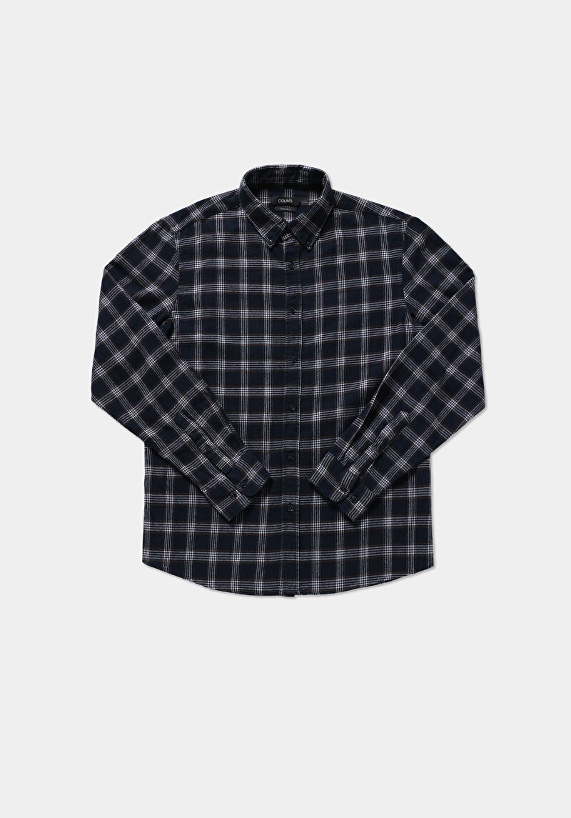 Regular Fit Shirt Neck Ekoseli Erkek Lacivert Uzun Kol Gömlek
