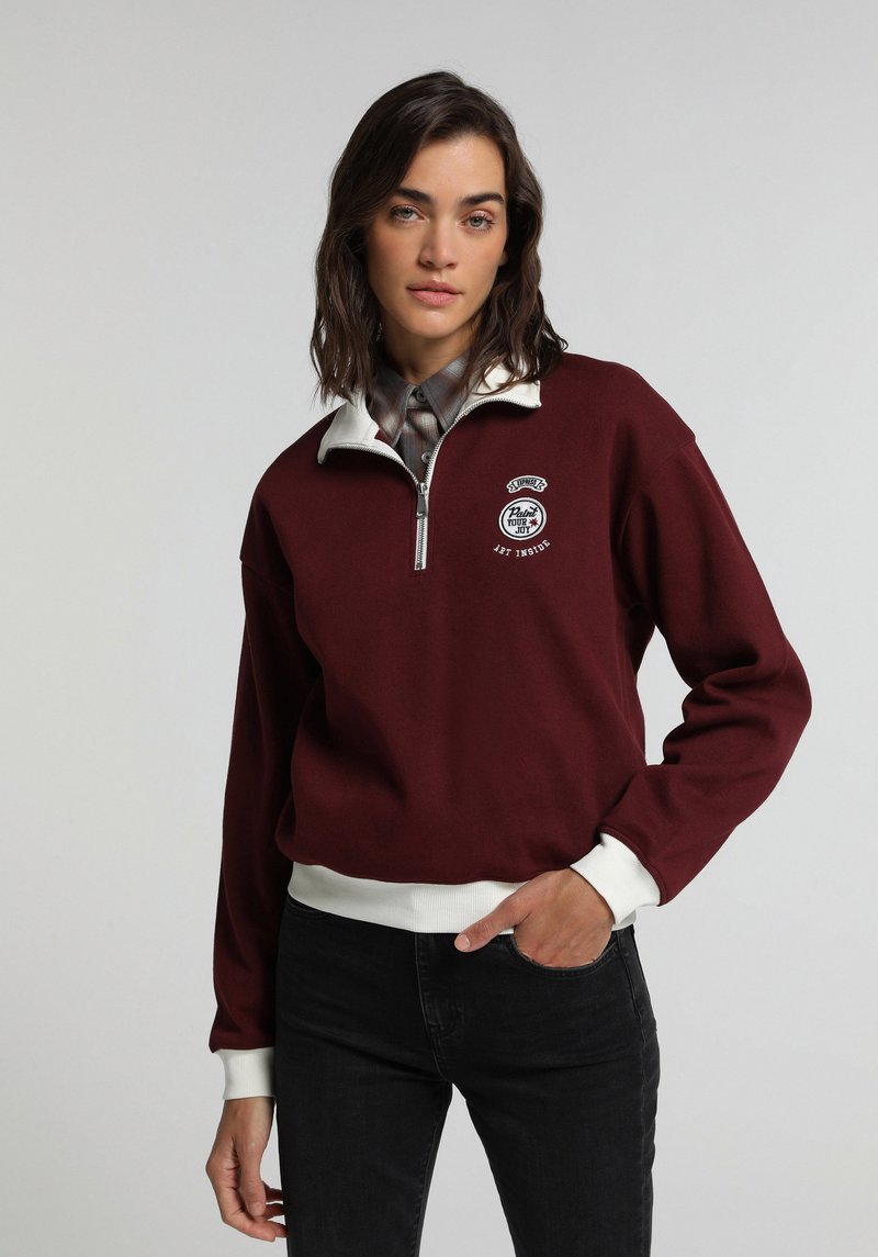 Regular Fit Polo Yaka Nakışlı Kadın Bordo Sweatshirt