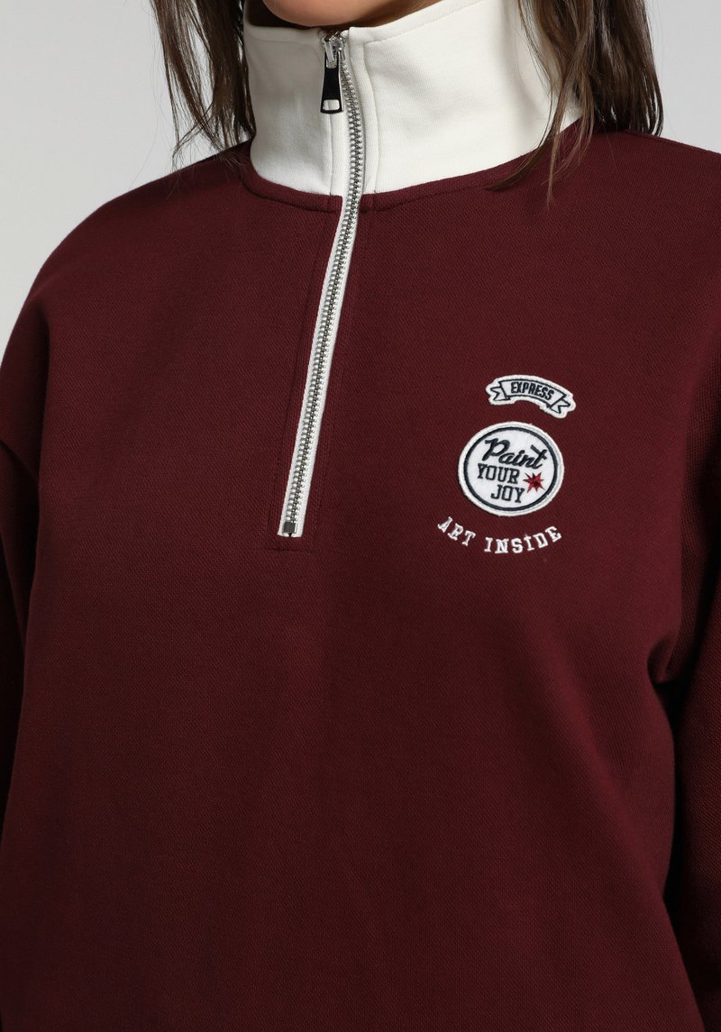 Regular Fit Polo Yaka Nakışlı Kadın Bordo Sweatshirt
