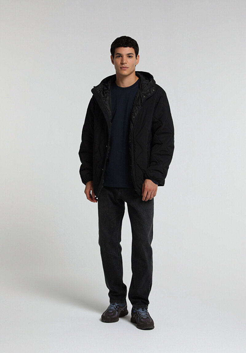 Oversize Fit Kapüşonlu Fermuarlı Astarlı  Erkek Siyah Mont