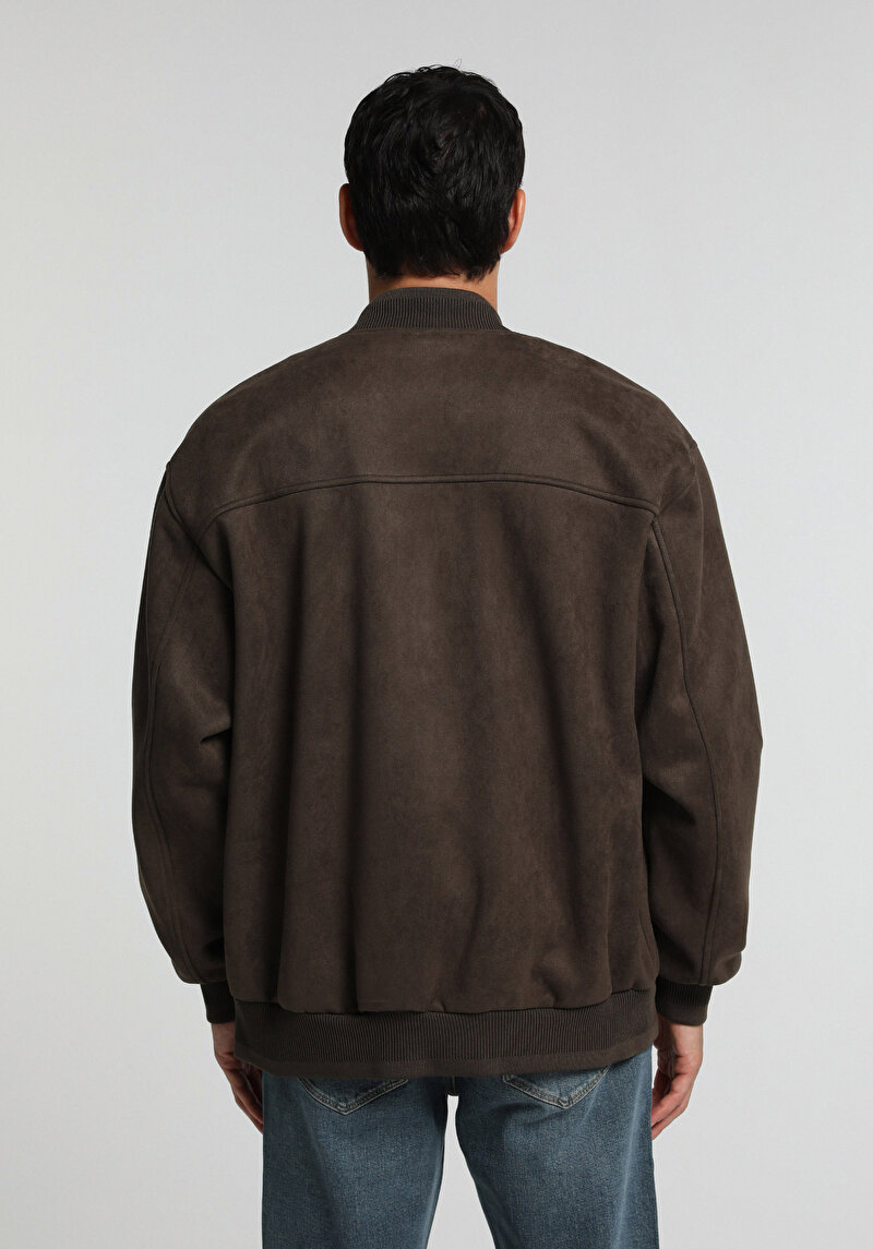 Regular Fit Yuvarlak Yaka Düğmeli Astarlı  Erkek Kahverengi Mont Pu