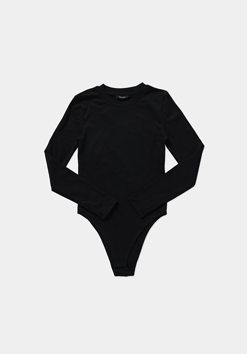 Slim Fit Yuvarlak Yaka Düz Kadın Siyah Uzun Kol Tişört