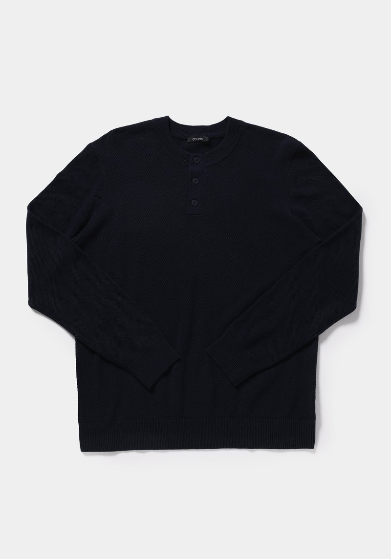 Regular Fit Placket Neck Düz Erkek Lacivert Kazak