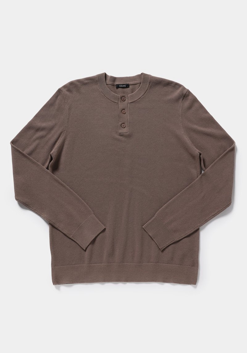 Regular Fit Placket Neck Düz Erkek Kahverengi Kazak