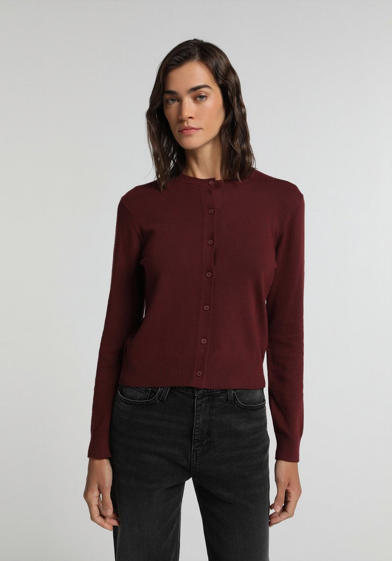 Slim Fit Yuvarlak Yaka Düz Kadın Bordo Hırka