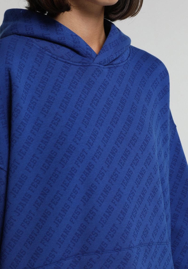 Oversize Fit Kapüşonlu Baskılı Erkek Mavi Sweatshirt