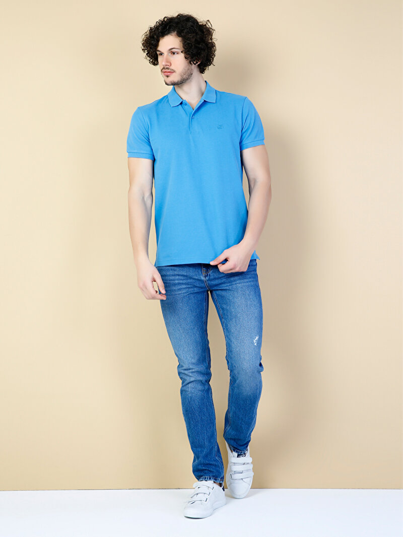 Classic Fit Polo Yaka Düz Erkek Mavi Kısa Kol Tişört