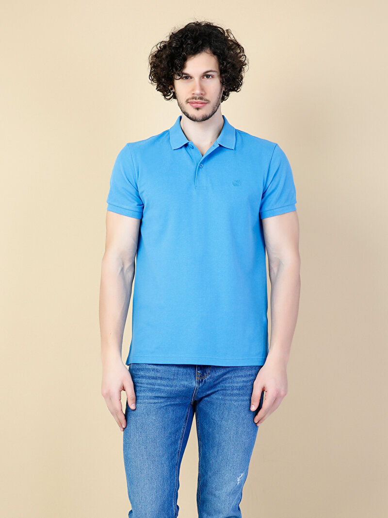 Classic Fit Polo Yaka Düz Erkek Mavi Kısa Kol Tişört
