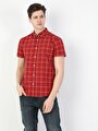 Slim Fit Shirt Neck Erkek Kırmızı Kısa Kol Gömlek