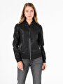 thumb-Regular Fit Kadın Siyah Suni Deri Mont Pu