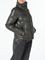 thumb-Regular Fit Şişme Haki Kadın Suni Deri Mont Pu