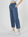 970 Berry Yüksek Bel Normal Kesim Geniş Paça Kadın Mavi Jean Pantolon