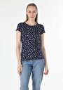 thumb-Slim Fit Yuvarlak Yaka Baskılı Kadın Lacivert Kısa Kol Tişört