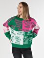 thumb-Regular Fit Yuvarlak Yaka Baskılı Kadın Çok Renkli Kazak