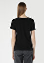 thumb-Regular Fit Yuvarlak Yaka Baskılı Kadın Siyah Kısa Kol Tişört