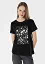thumb-Regular Fit Yuvarlak Yaka Baskılı Kadın Siyah Kısa Kol Tişört