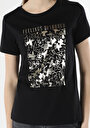thumb-Regular Fit Yuvarlak Yaka Baskılı Kadın Siyah Kısa Kol Tişört