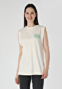 thumb-Regular Fit Yuvarlak Yaka Baskılı Kadın Ekru Kolsuz Tişört