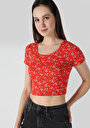 thumb-Slim Fit Yuvarlak Yaka Çiçekli Kadın Kirmizi Kısa Kol Tişört