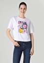 thumb-Regular Fit Pamuklu Cepsiz Yuvarlak Yaka Baskılı Kadın Beyaz Kısa Kol Tişört