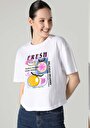 thumb-Regular Fit Pamuklu Cepsiz Yuvarlak Yaka Baskılı Kadın Beyaz Kısa Kol Tişört