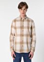 thumb-Regular Fit Shirt Neck Ekoseli Erkek Bej Uzun Kol Gömlek