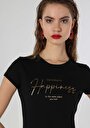 thumb-Regular Fit Örme Cepsiz Yuvarlak Yaka Baskılı Kadın Siyah Kısa Kol Tişört