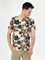 thumb-Regular Fit Yuvarlak Yaka Baskılı Erkek Bej Kısa Kol Tişört
