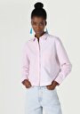 thumb-Regular Fit Shirt Neck Çizgili Kadın Pembe Uzun Kol Gömlek