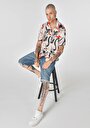 thumb-Regular Fit Shirt Neck Baskılı Erkek Bej Cepsiz Kısa Kol Gömlek