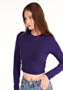 thumb-Slim Fit Yuvarlak Yaka Düz Kadın Mor Uzun Kol Tişört