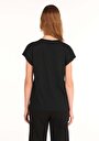 thumb-Regular Fit Yuvarlak Yaka Desen Baskılı Kadın Siyah Kısa Kol Tişört
