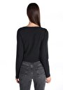 thumb-Slim Fit V Yaka Örme Düz Kadın Siyah Uzun Kol Tişört