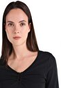 thumb-Slim Fit V Yaka Örme Düz Kadın Siyah Uzun Kol Tişört