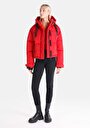 thumb-Regular Fit Kapüşonlu Fermuarlı Astarlı  Kadın Kirmizi Mont