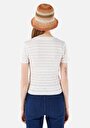 thumb-Slim Fit Yuvarlak Yaka Örme Çizgili Kadın Ekru Kısa Kol Tişört